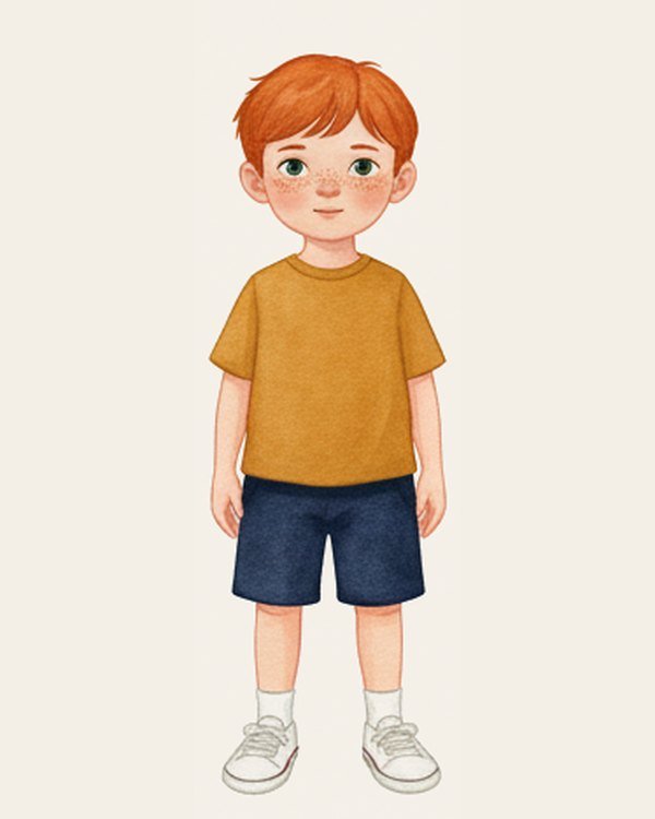 Leo, an Inkwren Studio character — light skin, freckles, short copper-red hair