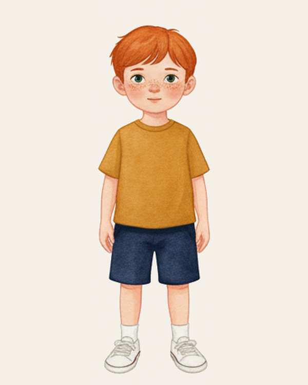 Leo, an Inkwren Studio character — light skin, freckles, short copper-red hair