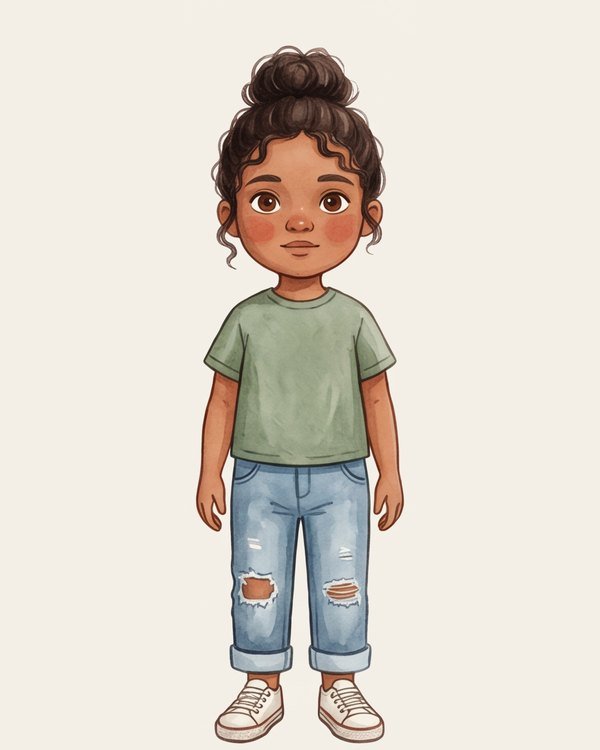 Maya, an Inkwren Studio character — medium-brown skin, dark curly hair in a top bun