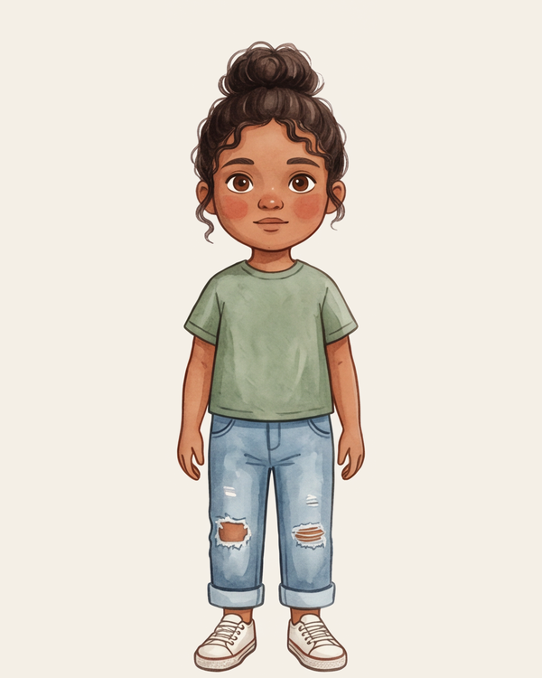 Maya, an Inkwren Studio character — medium-brown skin, dark curly hair in a top bun