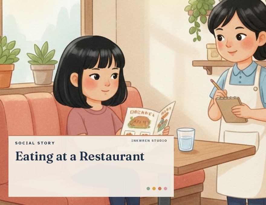 Cover of the Inkwren Studio social story “Eating at a Restaurant”