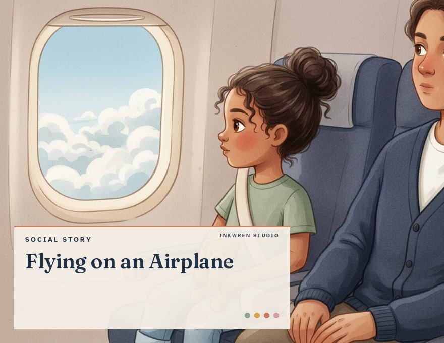 Cover of the Inkwren Studio social story “Flying on an Airplane”