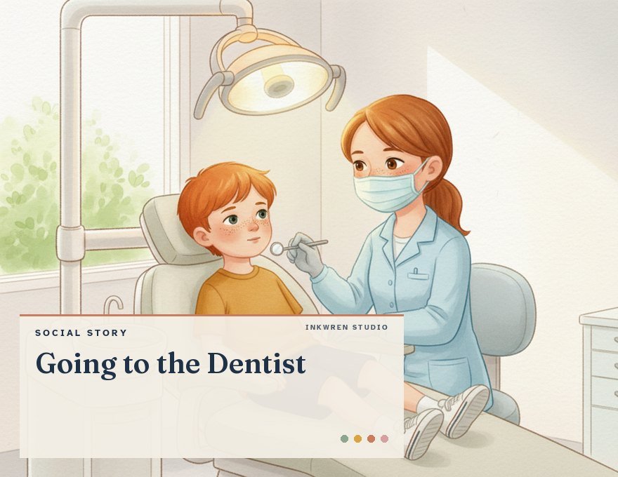 Cover of the Inkwren Studio social story “Going to the Dentist”