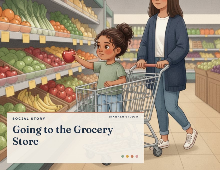 Cover of the Inkwren Studio social story “Going to the Grocery Store”