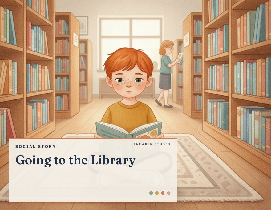 Cover of the Inkwren Studio social story “Going to the Library”