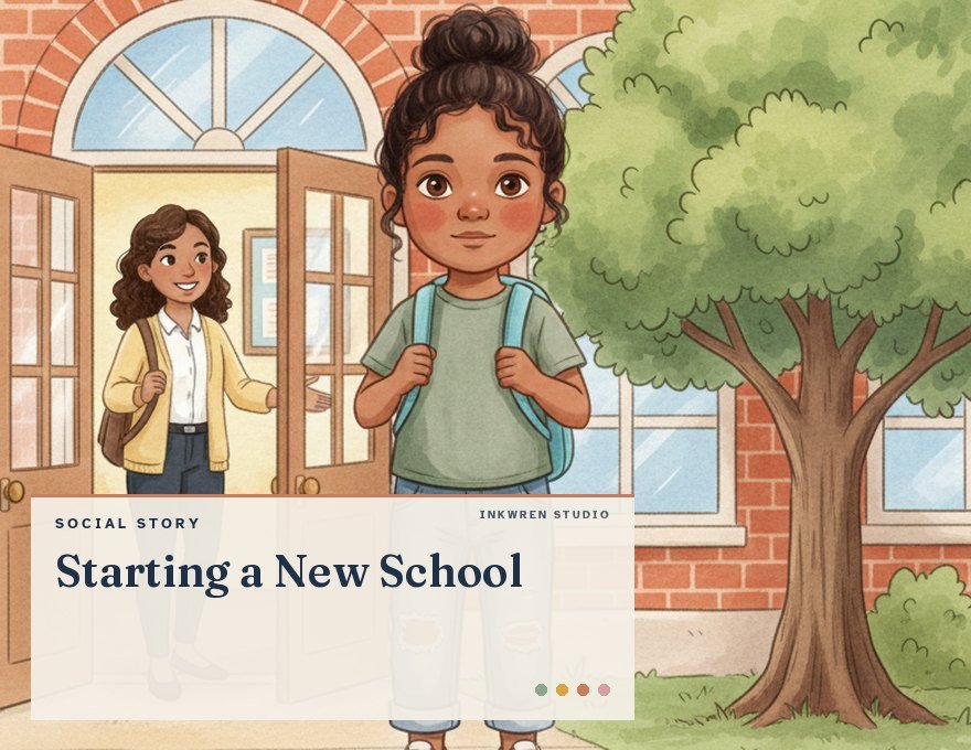 Cover of the Inkwren Studio social story “Starting a New School”